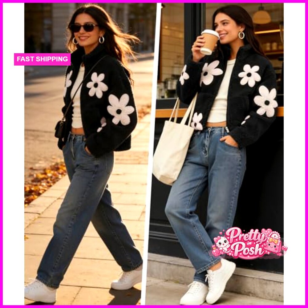 Floral Print Sherpa Fleece Jacket Zipper Cropped Coat Long Sleeve - Picture 4 of 7